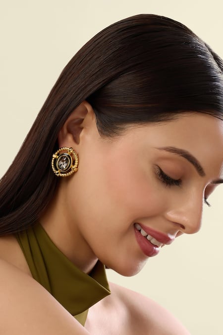 Isharya Gold Plated Crystals Nut And Bolt Black Diamond Stud Earrings 