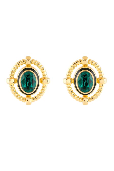 Shop Isharya Gold Plated Crystals, Stones Nut And Bolt Emerald Stud Earrings at Aza Fashions Shop_Isharya_Gold Plated Crystals, Stones Nut And Bolt Emerald Stud Earrings_at_Aza_Fashions
