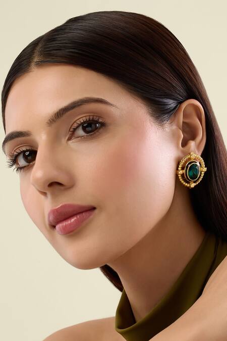 Shop Isharya Gold Plated Crystals, Stones Nut And Bolt Emerald Stud Earrings Online at Aza Fashions Shop_Isharya_Gold Plated Crystals, Stones Nut And Bolt Emerald Stud Earrings_Online_at_Aza_Fashions