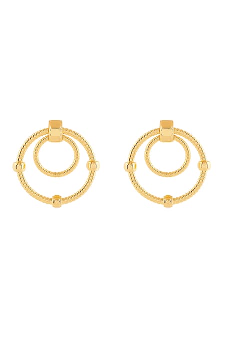 Shop Isharya Gold Plated Ribbed Bolted Double Hoop Earrings at Aza Fashions Shop_Isharya_Gold Plated Ribbed Bolted Double Hoop Earrings _at_Aza_Fashions
