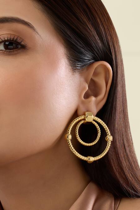 Shop Isharya Gold Plated Ribbed Bolted Double Hoop Earrings Online at Aza Fashions Shop_Isharya_Gold Plated Ribbed Bolted Double Hoop Earrings _Online_at_Aza_Fashions