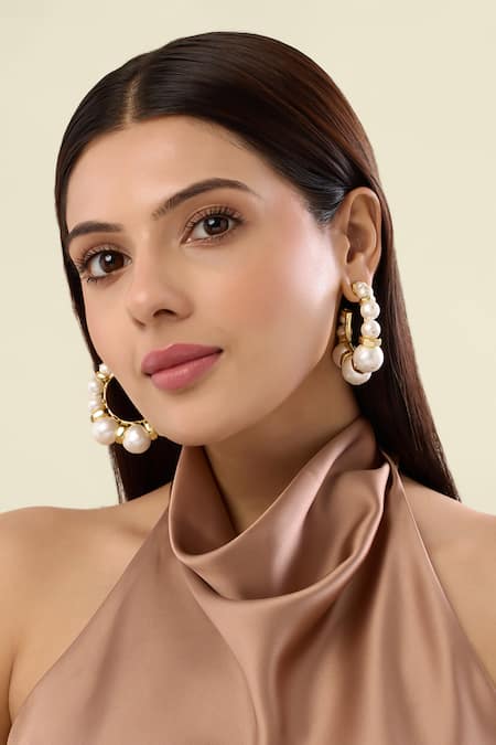 Isharya Gold Plated Pearls Bolt And Hoop Earrings 