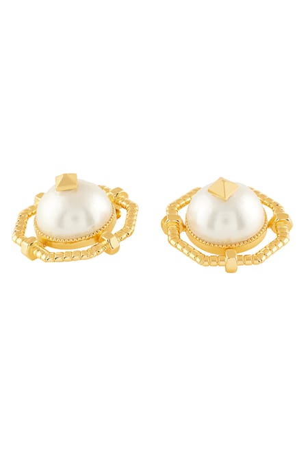 Isharya_Gold Plated Pearls, Studs Nut And Bolt Statement Earrings_Online_at_Aza_Fashions