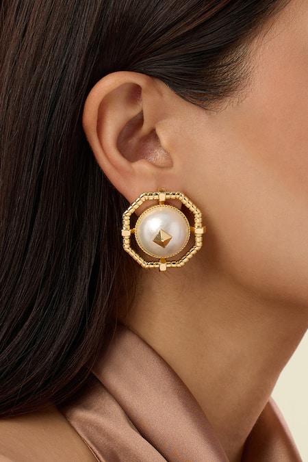 Shop_Isharya_Gold Plated Pearls, Studs Nut And Bolt Statement Earrings_Online_at_Aza_Fashions