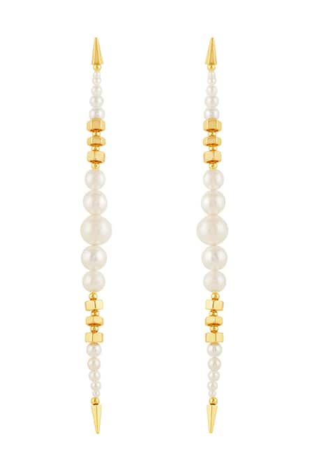 Shop Isharya Gold Plated Pearls Shoulder Duster Earrings at Aza Fashions Shop_Isharya_Gold Plated Pearls Shoulder Duster Earrings _at_Aza_Fashions