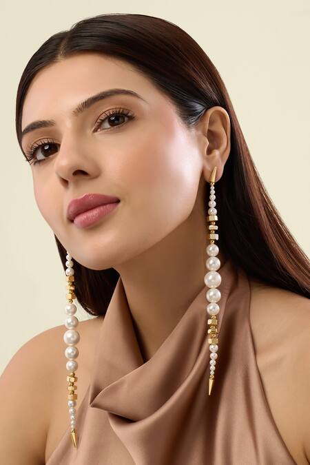 Isharya Gold Plated Pearls Shoulder Duster Earrings Online at Aza Fashions Isharya_Gold Plated Pearls Shoulder Duster Earrings _Online_at_Aza_Fashions