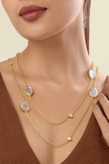 Buy_Isharya_Gold Plated Dew Drop Mirror Long Layered Necklace_Online_at_Aza_Fashions