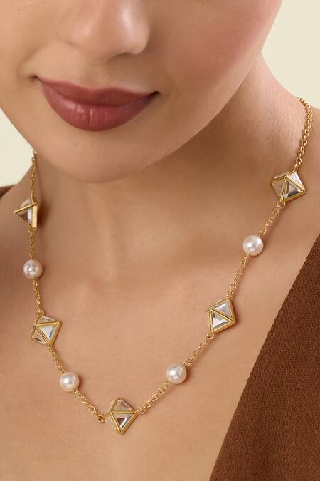 Buy_Isharya_Gold Plated Pyramid Mirror And Pearl Necklace_Online_at_Aza_Fashions