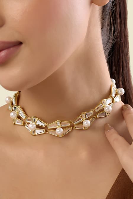 Buy_Isharya_Gold Plated Angel Dust Mirror And Pearl Choker Necklace_Online_at_Aza_Fashions