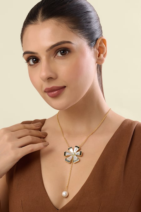 Isharya Gold Plated Ayaana Long Flower And Pearl Necklace 