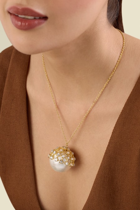 Shop Isharya Gold Plated Limelight Pearl Pendant Long Necklace Online at Aza Fashions Shop_Isharya_Gold Plated Limelight Pearl Pendant Long Necklace _Online_at_Aza_Fashions