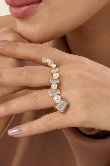 Shop_Isharya_Gold Plated Pearls, Mirrors Angel Dust Long Horizontal Ring_Online_at_Aza_Fashions