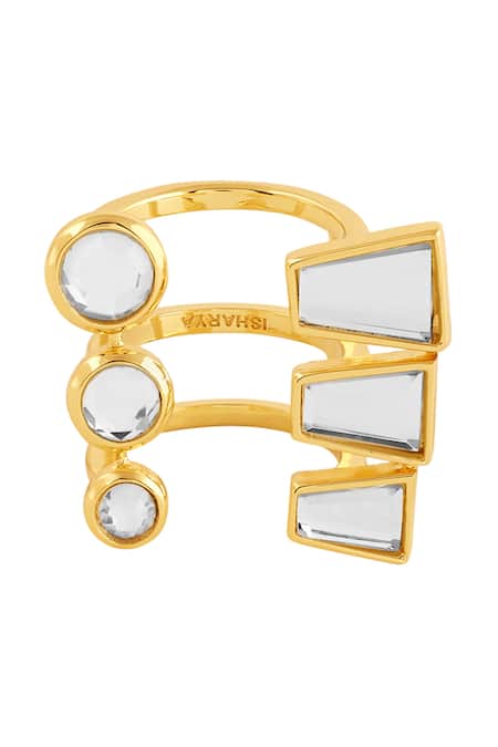 Shop Isharya Gold Plated Mirrors Bombay Deco Front Open Ring at Aza Fashions Shop_Isharya_Gold Plated Mirrors Bombay Deco Front Open Ring_at_Aza_Fashions