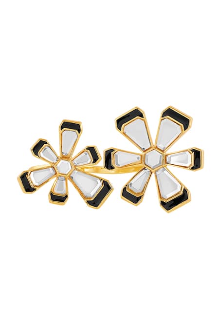 Shop Isharya Gold Plated Stones Ayaana Floral Cocktail Ring at Aza Fashions Shop_Isharya_Gold Plated Stones Ayaana Floral Cocktail Ring_at_Aza_Fashions