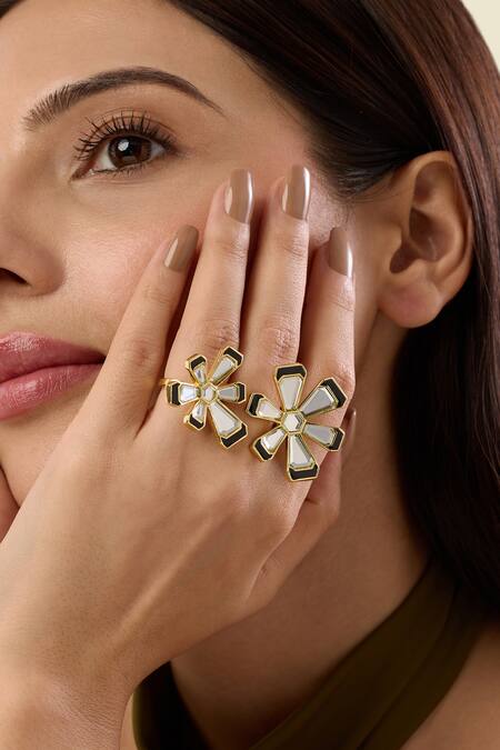 Shop Isharya Gold Plated Stones Ayaana Floral Cocktail Ring Online at Aza Fashions Shop_Isharya_Gold Plated Stones Ayaana Floral Cocktail Ring_Online_at_Aza_Fashions