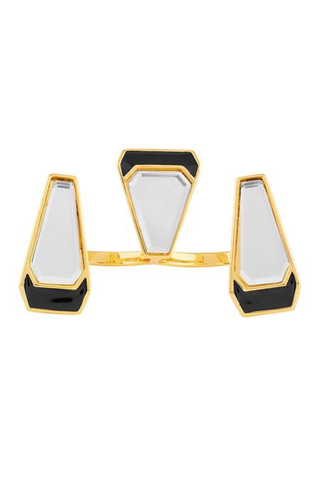 Shop Isharya Gold Plated Mirrors, Stones Ayaana Two Finger And Enamel Ring at Aza Fashions Shop_Isharya_Gold Plated Mirrors, Stones Ayaana Two Finger And Enamel Ring_at_Aza_Fashions