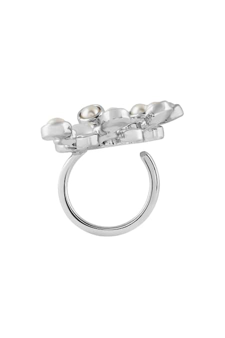 Isharya Silver Plated Pearls, Crystals Modern Maharani Half Moon Starburst Ring Online at Aza Fashions Isharya_Silver Plated Pearls, Crystals Modern Maharani Half Moon Starburst Ring_Online_at_Aza_Fashions