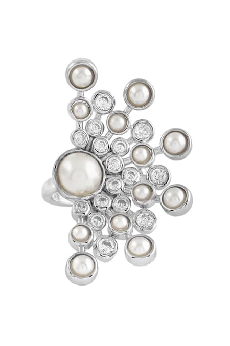 Shop Isharya Silver Plated Pearls, Crystals Modern Maharani Half Moon Starburst Ring at Aza Fashions Shop_Isharya_Silver Plated Pearls, Crystals Modern Maharani Half Moon Starburst Ring_at_Aza_Fashions