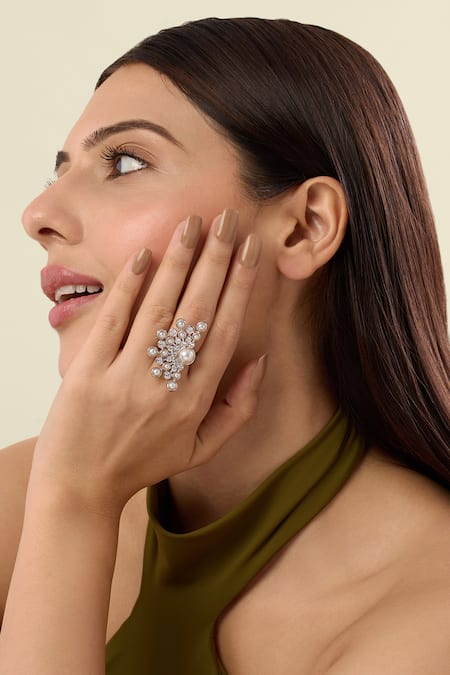 Shop Isharya Silver Plated Pearls, Crystals Modern Maharani Half Moon Starburst Ring Online at Aza Fashions Shop_Isharya_Silver Plated Pearls, Crystals Modern Maharani Half Moon Starburst Ring_Online_at_Aza_Fashions