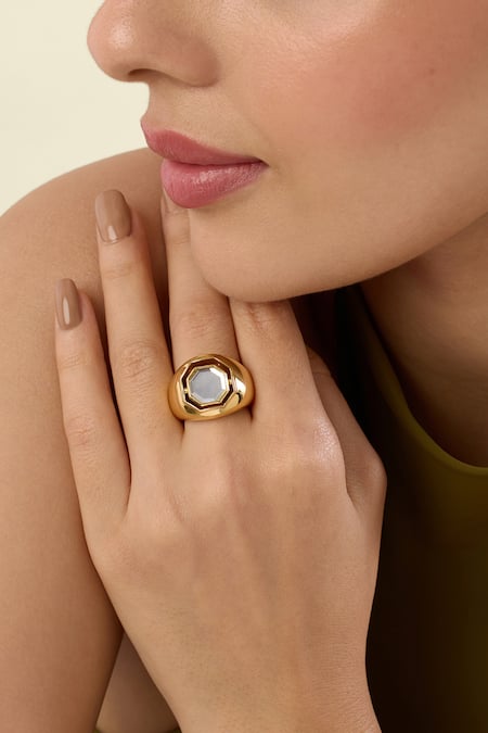 Isharya Gold Plated Gemstones Mirrors On The Move Hexagonal Solo Ring 