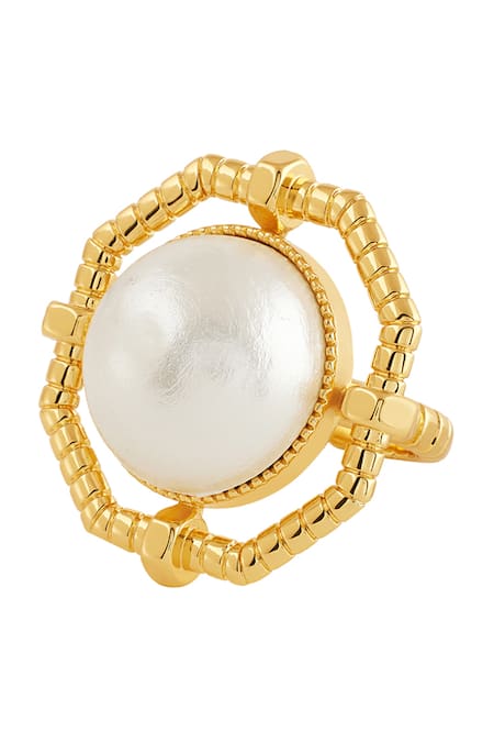 Shop_Isharya_Gold Plated Pearls And Metal Embellished Statement Ring_Online_at_Aza_Fashions