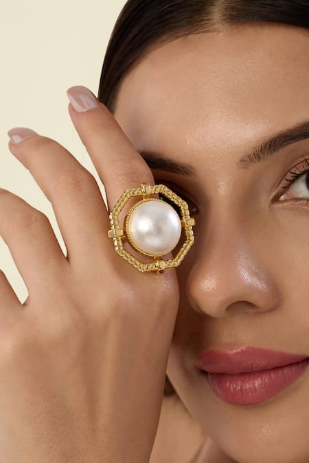 Isharya Gold Plated Pearls And Metal Embellished Statement Ring 