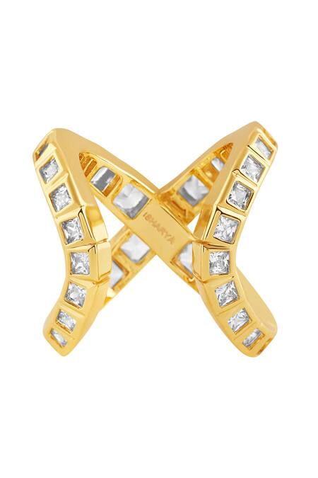 Isharya Gold Plated Crystals Nazm Cubic Zircon Cross Ring Online at Aza Fashions Isharya_Gold Plated Crystals Nazm Cubic Zircon Cross Ring _Online_at_Aza_Fashions