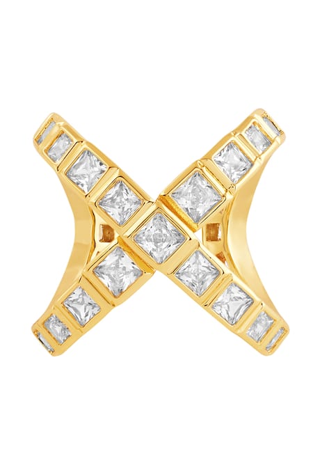 Shop Isharya Gold Plated Crystals Nazm Cubic Zircon Cross Ring at Aza Fashions Shop_Isharya_Gold Plated Crystals Nazm Cubic Zircon Cross Ring _at_Aza_Fashions