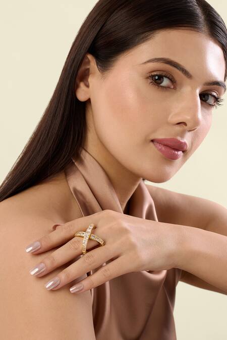 Shop Isharya Gold Plated Crystals Nazm Cubic Zircon Cross Ring Online at Aza Fashions Shop_Isharya_Gold Plated Crystals Nazm Cubic Zircon Cross Ring _Online_at_Aza_Fashions