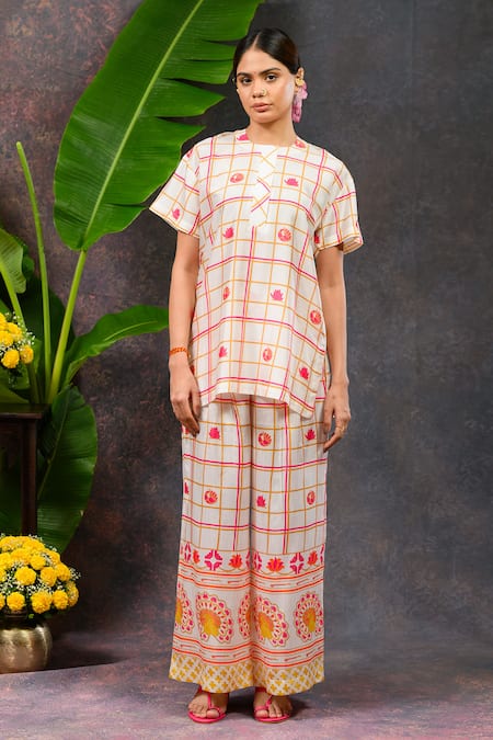 Prachi Kamat White Viscose, Silk Split V-neck Morja Printed Kurta And Pant Set 