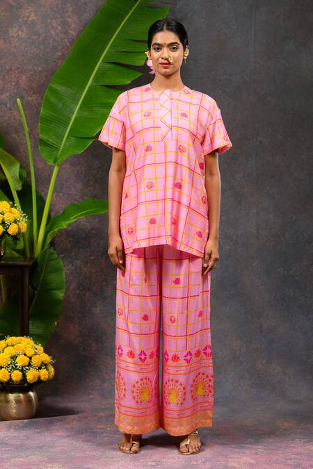 Shop_Prachi Kamat_Pink Viscose, Silk Round Neck Morja Printed Short Kurta And Pant Set _Online_at_Aza_Fashions