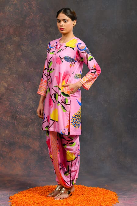 Buy_Prachi Kamat_Pink Viscose, Silk Round Neck Kamalkari Print Kurta With Pant _Online_at_Aza_Fashions