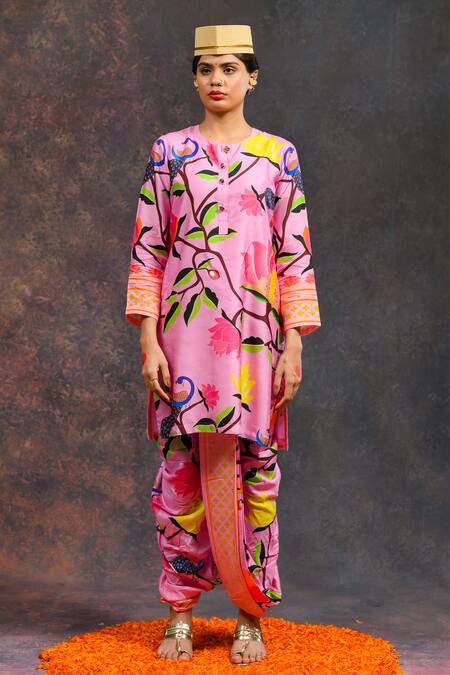 Shop_Prachi Kamat_Pink Viscose, Silk Round Neck Kamalkari Print Kurta With Pant _Online_at_Aza_Fashions