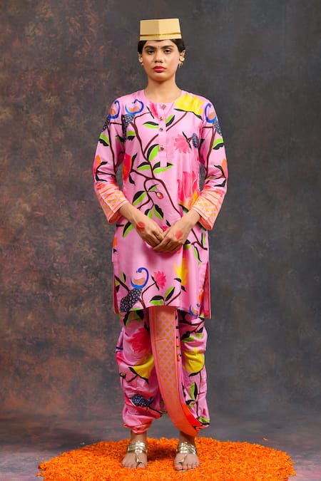Prachi Kamat_Pink Viscose, Silk Round Neck Kamalkari Print Kurta With Pant _at_Aza_Fashions
