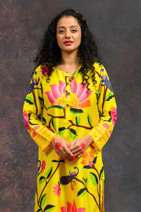 Shop_Prachi Kamat_Yellow Viscose, Silk Round Neck Kamalkari Print Kurta And Pant Set _Online_at_Aza_Fashions