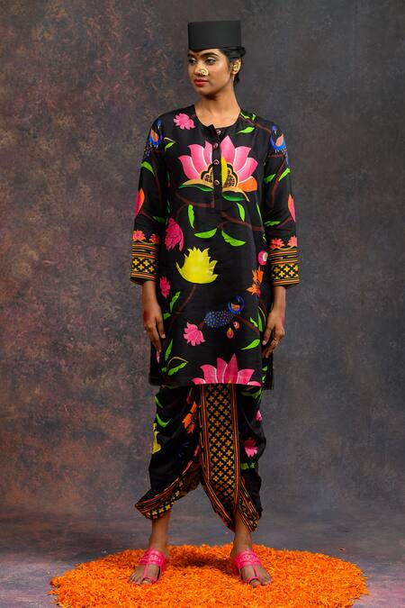 Prachi Kamat_Black Viscose Split V-neck Kamlkari Printed Kurta And Pant Set _at_Aza_Fashions
