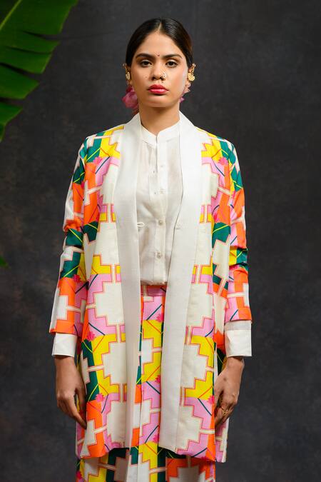 Prachi Kamat_Multi Color Viscose, Silk Open Neck, Mandarin Rangbhor Printed Jacket Pant Set _Online_at_Aza_Fashions