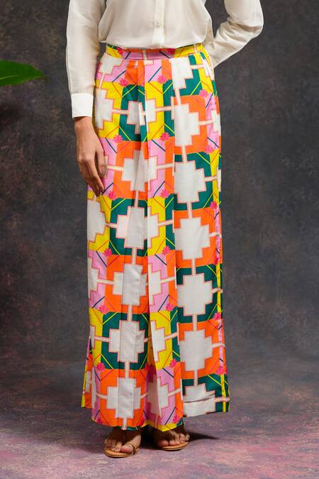 Buy_Prachi Kamat_Multi Color Viscose, Silk Open Neck, Mandarin Rangbhor Printed Jacket Pant Set _Online_at_Aza_Fashions
