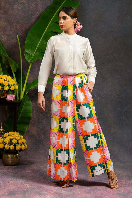 Buy_Prachi Kamat_Multi Color Viscose, Silk Open Neck, Mandarin Rangbhor Printed Jacket Pant Set 