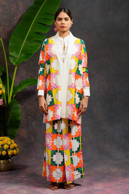 Shop_Prachi Kamat_Multi Color Viscose, Silk Open Neck, Mandarin Rangbhor Printed Jacket Pant Set 