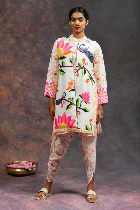 Prachi Kamat_White Viscose, Silk Open Neck Morbagh Print Jacket _Online_at_Aza_Fashions