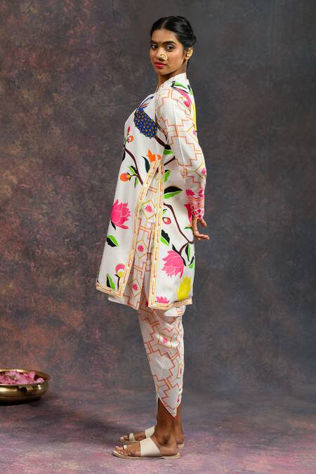 Shop_Prachi Kamat_White Viscose, Silk Open Neck Morbagh Print Jacket _Online_at_Aza_Fashions