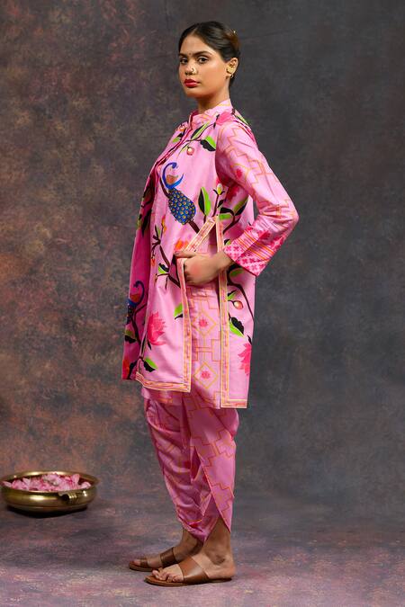Prachi Kamat Pink Viscose, Silk Open Neck Morbagh Print Jacket Online at Aza Fashions Prachi Kamat_Pink Viscose, Silk Open Neck Morbagh Print Jacket _Online_at_Aza_Fashions