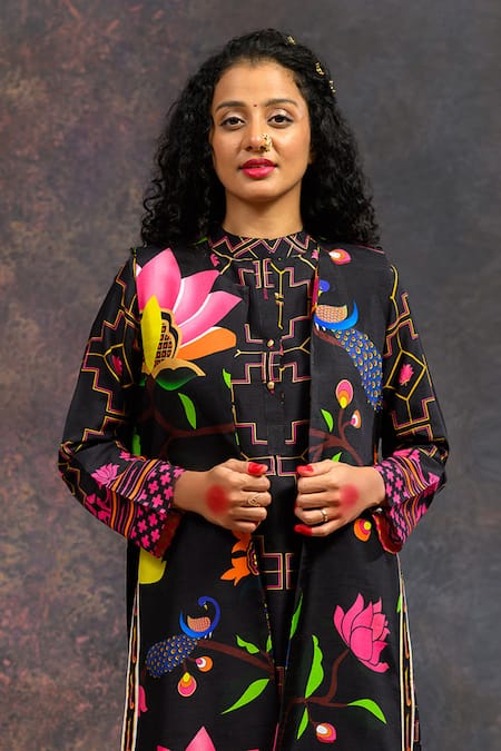 Prachi Kamat_Black Viscose, Silk Morbagh Print Jacket _Online_at_Aza_Fashions