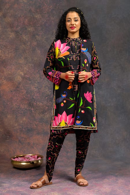 Shop_Prachi Kamat_Black Viscose, Silk Morbagh Print Jacket _Online_at_Aza_Fashions