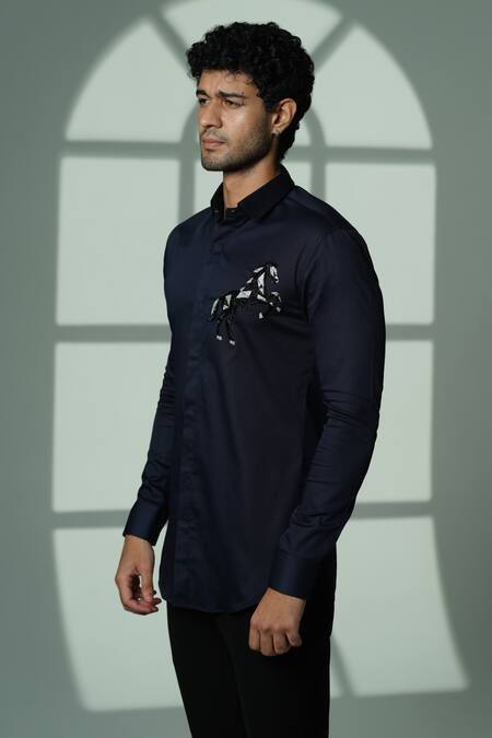 Sanjana Reddy Designs_Blue Cotton Embroidery, Sequins 3d Horse Shirt _Online_at_Aza_Fashions