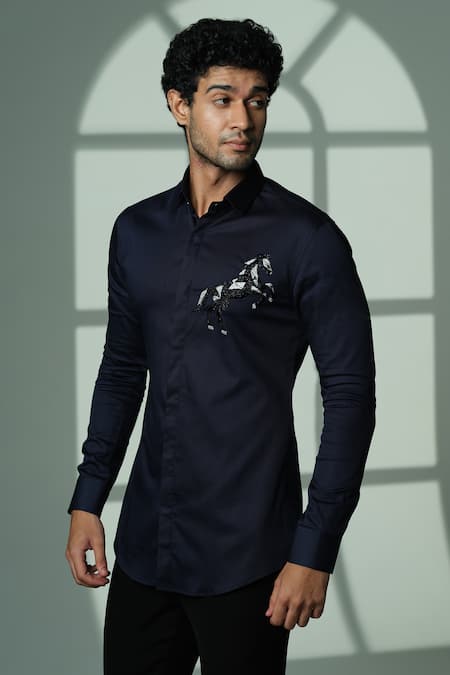 Buy_Sanjana Reddy Designs_Blue Cotton Embroidery, Sequins 3d Horse Shirt _Online_at_Aza_Fashions