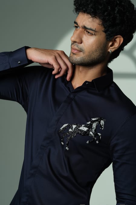 Shop_Sanjana Reddy Designs_Blue Cotton Embroidery, Sequins 3d Horse Shirt _Online_at_Aza_Fashions