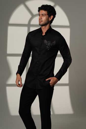Sanjana Reddy Designs Black Cotton Embroidery 3d Phoenix Placement Shirt Online at Aza Fashions Sanjana Reddy Designs_Black Cotton Embroidery 3d Phoenix Placement Shirt _Online_at_Aza_Fashions