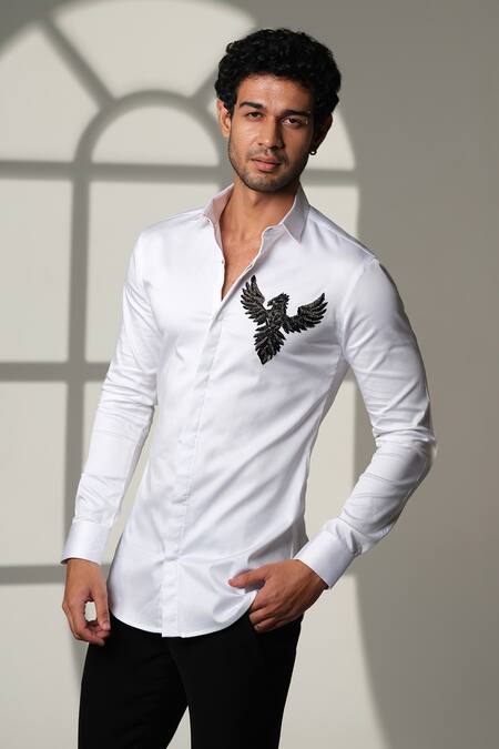 Sanjana Reddy Designs White Cotton Embroidery, Beads 3d Pheonix Bird Shirt Online at Aza Fashions Sanjana Reddy Designs_White Cotton Embroidery, Beads 3d Pheonix Bird Shirt _Online_at_Aza_Fashions